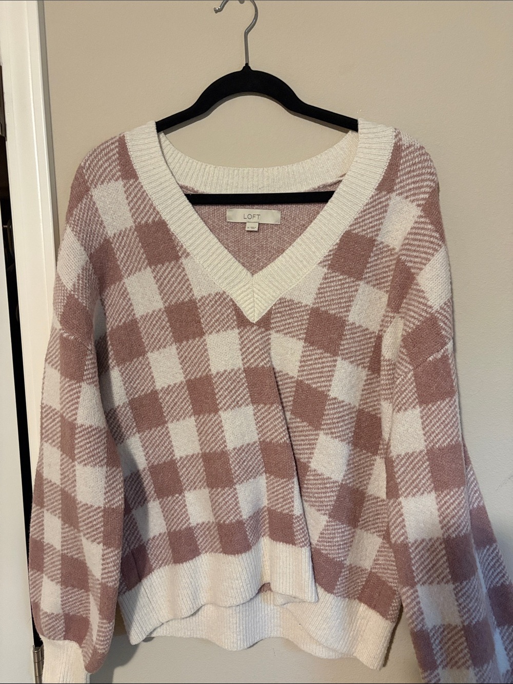 LOFT Mauve and White Plaid V-Neck Sweater